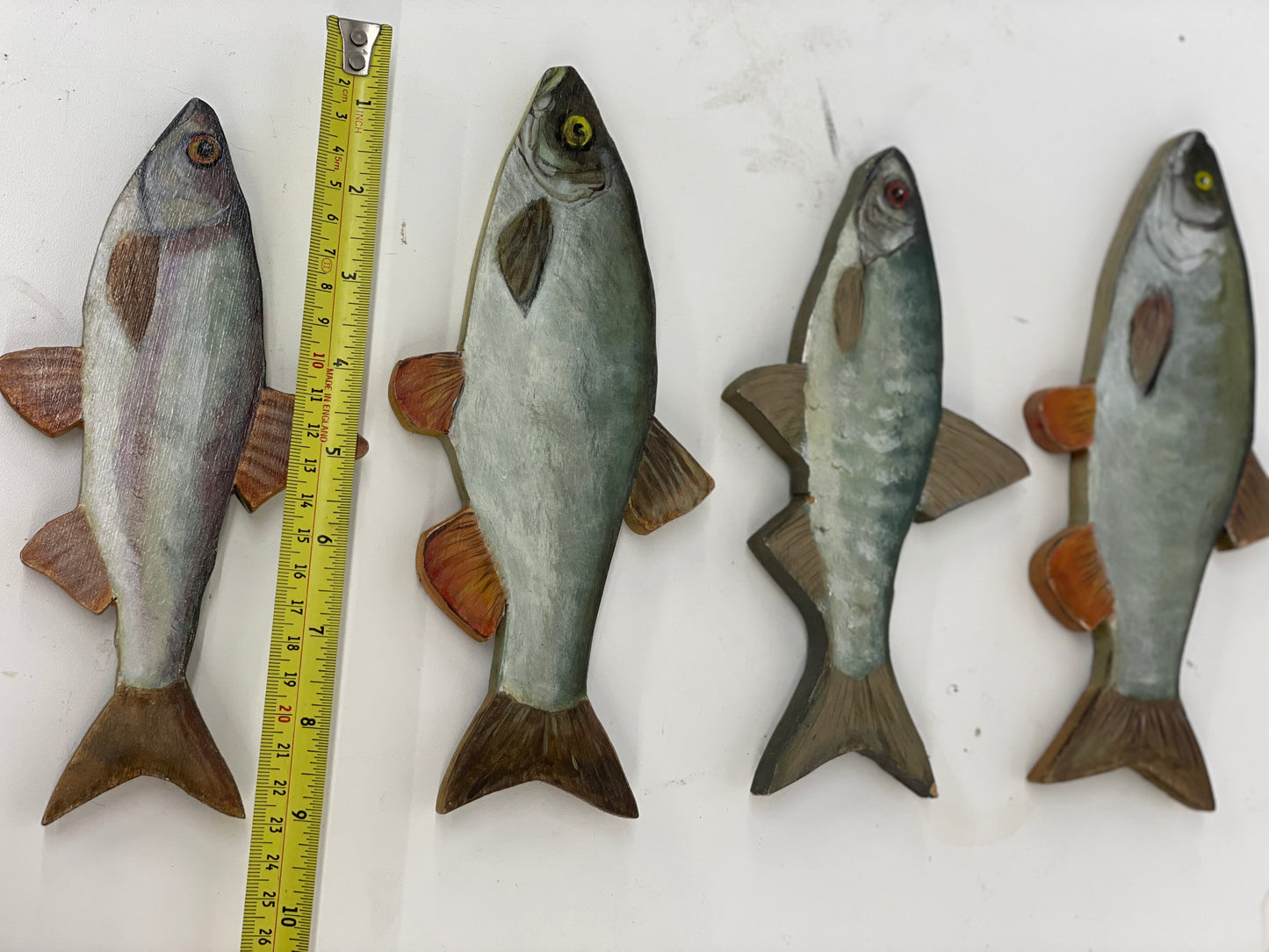4 x Vintage Naive Fish Painting cutout Fishing Sea Folk Art On Board