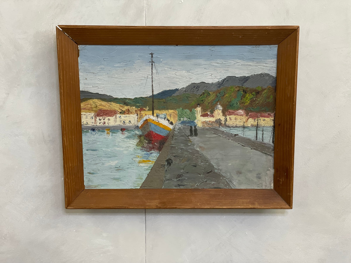 Vintage Oil Painting / Harbour Scene / Unsigned Mid Century Oil on Board