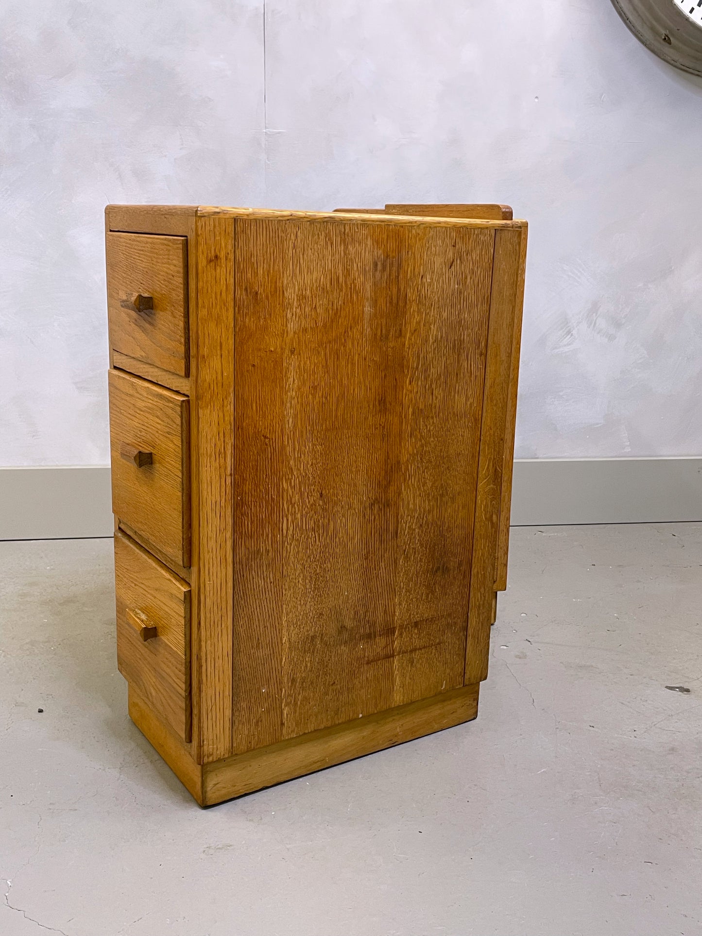 Vintage bedside drawers / 1940’s utilitarian/ modernism / oak